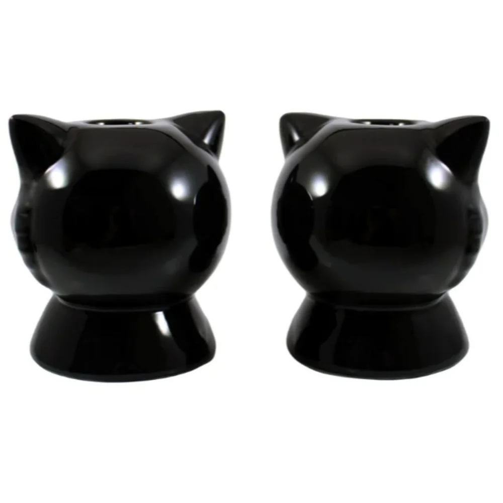 *SOLD* SOURPUSS Black Cat Ceramic Candle Holders Set Of Two 3” x 3.25” Halloween - Picture 2 of 4